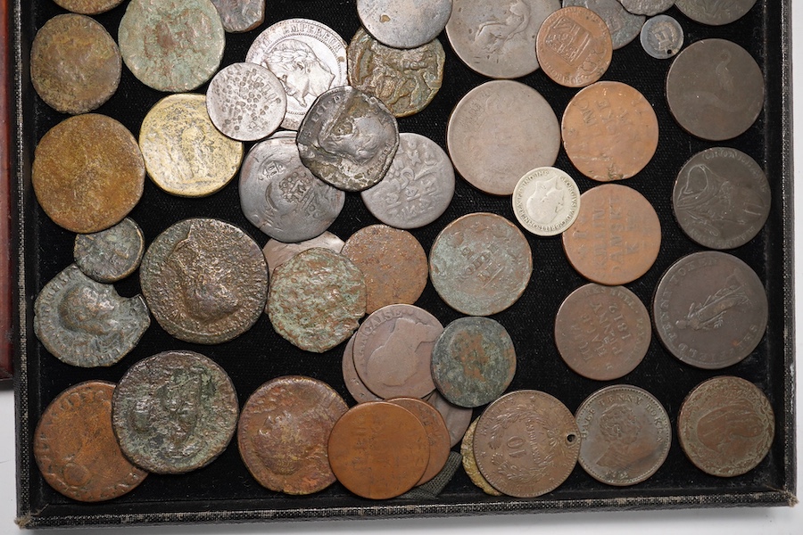 Roman AE coinage and various AE bank tokens and world coins, together with various 19th century commemorative medals